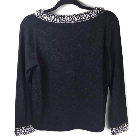 Design Options Rhinestone Pearl Bead Metallic Shimmer Knit Black Sweater Small - Picture 2 of 11